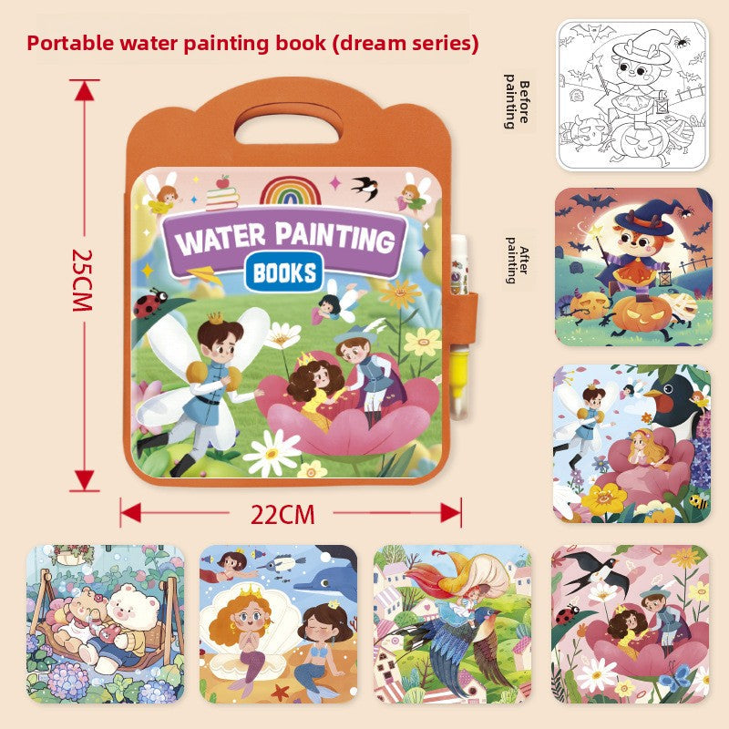 Activity Book, a reusable water painting book with a colorful fairy-tale cover, orange handle, and illustrated pages