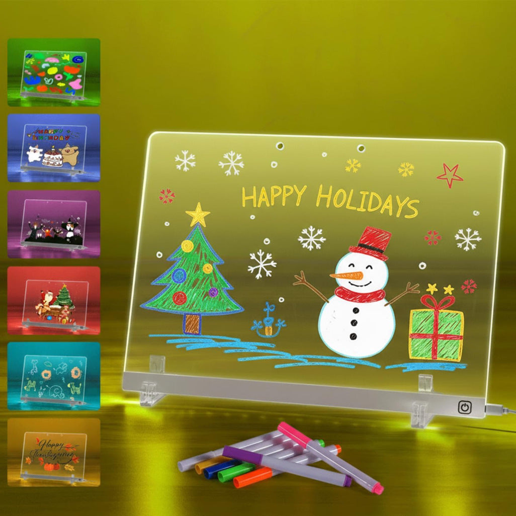 Activity Books acrylic drawing board with colorful holiday doodles, glowing snowman, Christmas tree and gift