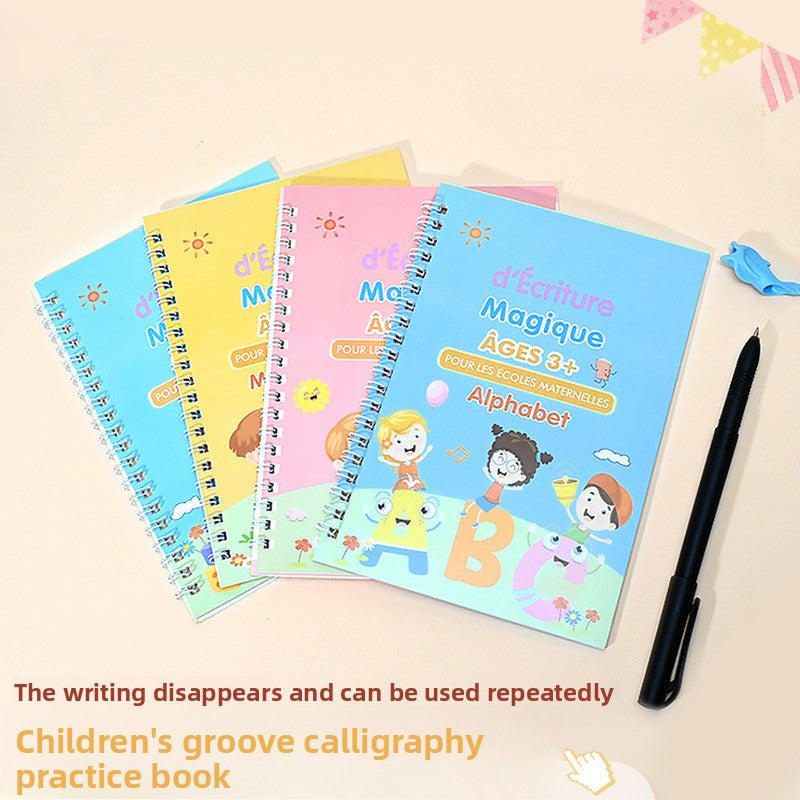 Activity Books are four colorful spiral-bound children’s handwriting practice books with cartoon characters and a black pen