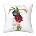 Pillowcase with a white polyester surface, floral bouquet, gold English Alphabet lettering and geometric linework.