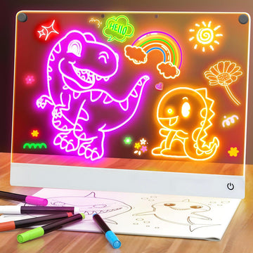 Activity Books light-up drawing board in clear acrylic, glowing with colorful dinosaur, rainbow, sun and flower drawings