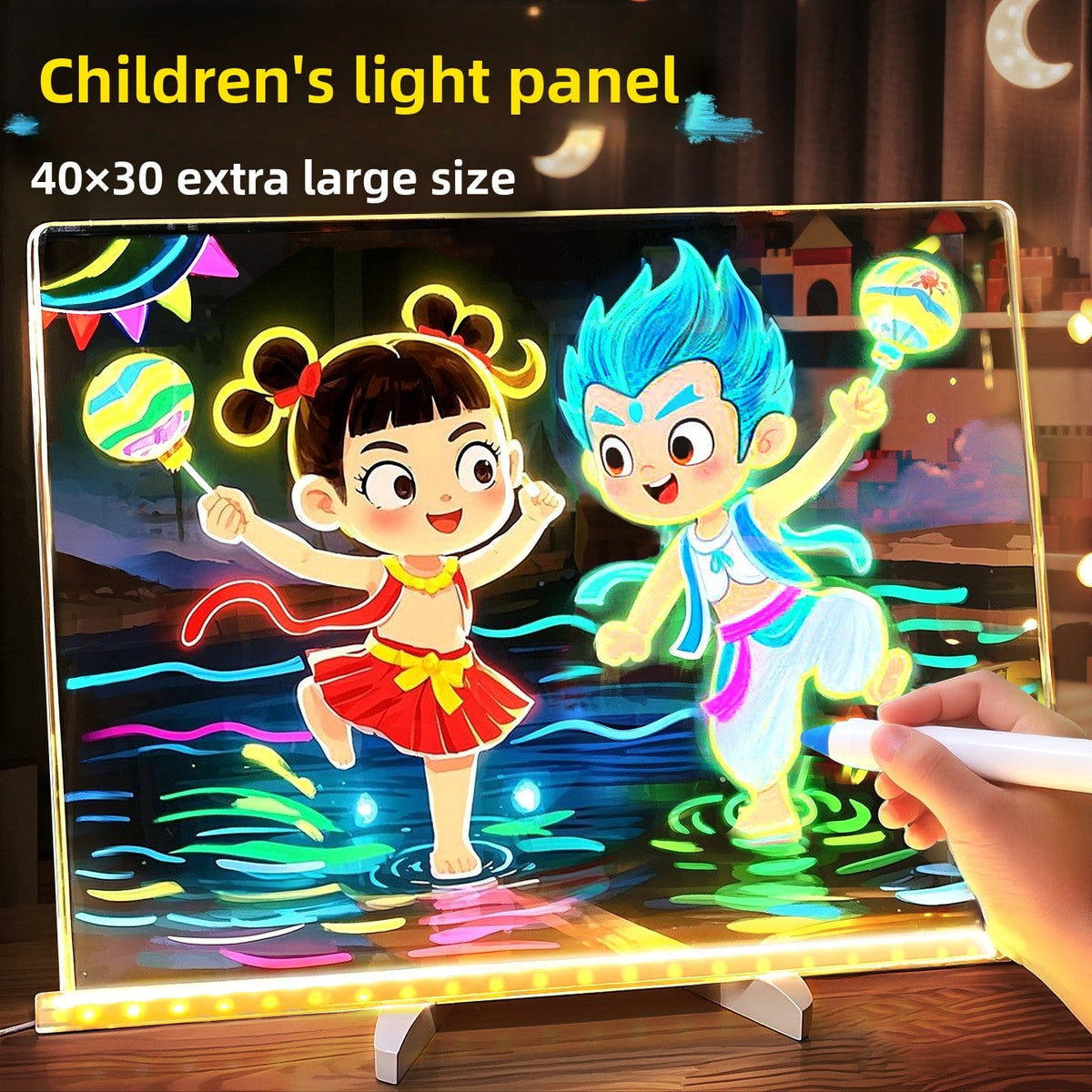 Activity Books LED drawing board with a clear panel displaying colorful cartoon children and glowing neon lines