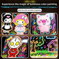 Activity Books LED drawing board showing vibrant glowing neon characters, a pig, figure and colorful landscape designs