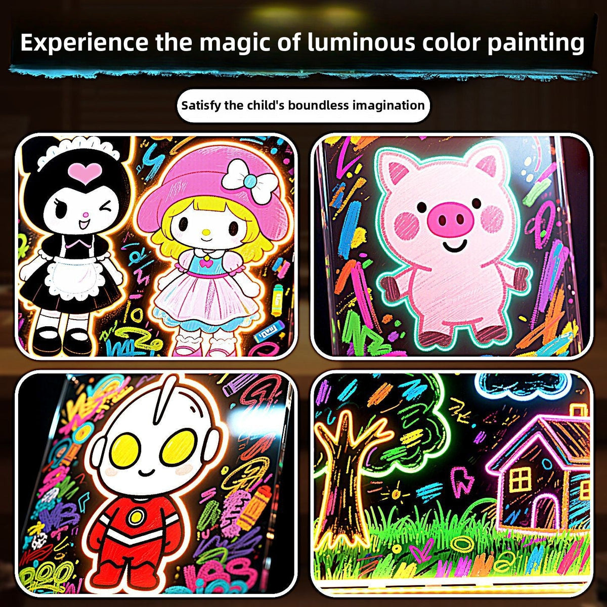 Activity Books LED drawing board showing vibrant glowing neon characters, a pig, figure and colorful landscape designs