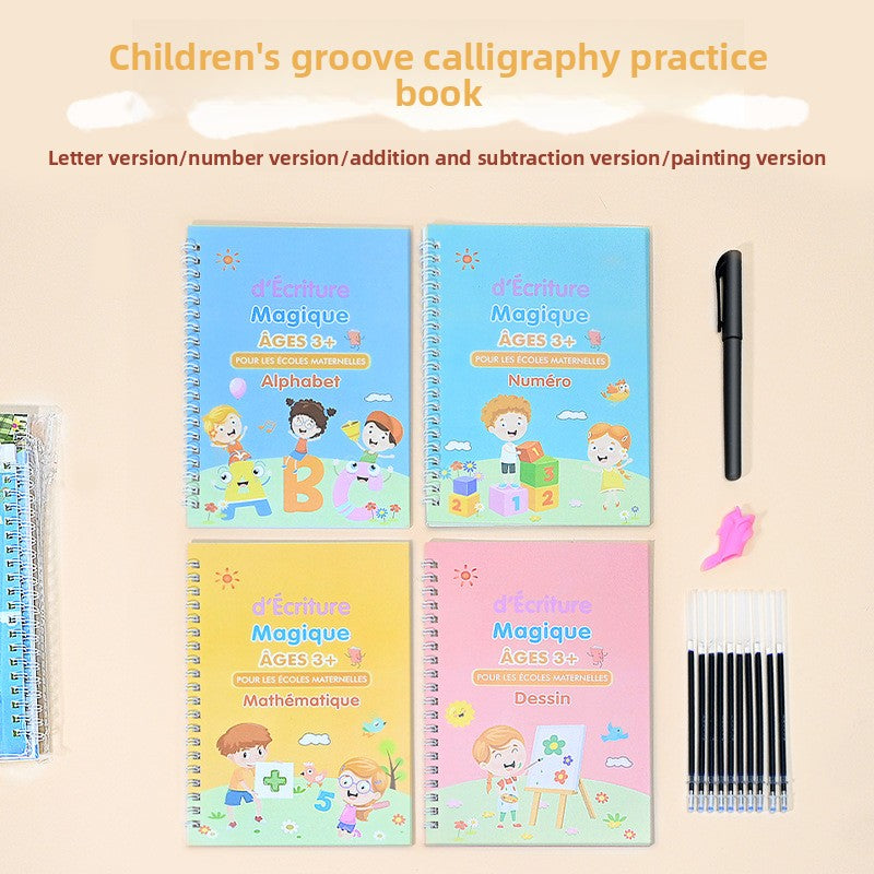 Activity Books with four pastel blue, yellow, green, and pink spiral notebooks featuring colorful children’s handwriting practice covers