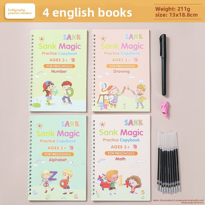 Activity Books are four pastel-colored spiral practice copybooks with playful lettering and child illustrations, alongside pens and a grip