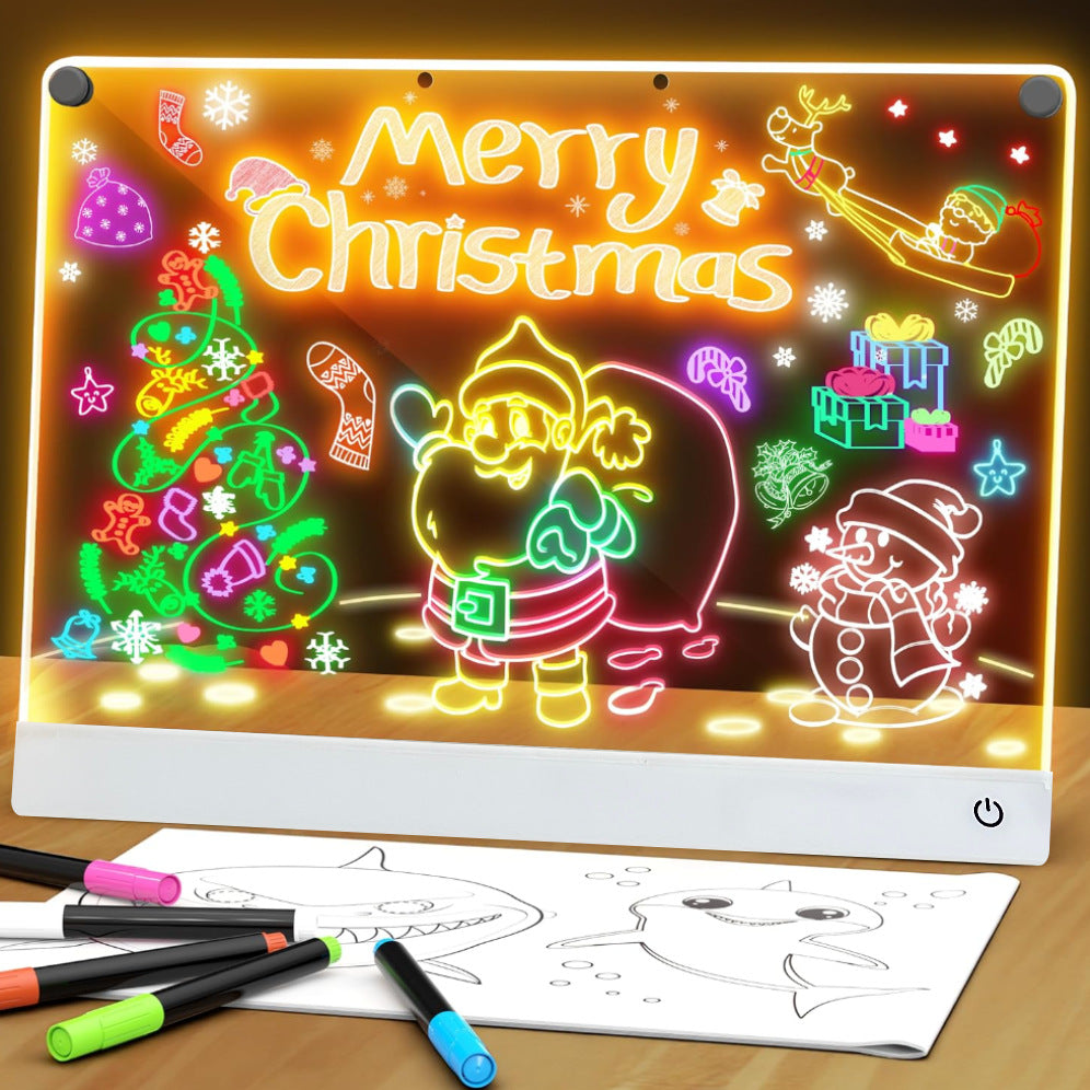 Activity Books drawing board in white acrylic with colorful glowing Christmas artwork and multicolored pens