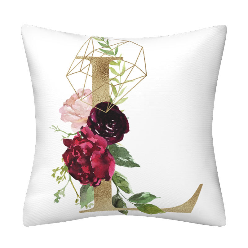 Pillowcase in white polyester, featuring a gold geometric English Alphabet letter adorned with burgundy and pink flowers and green leaves.