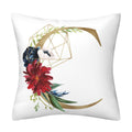 Pillowcase with white polyester fabric, red and navy flowers, gold geometric lettering and green leaves in an English Alphabet design.