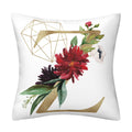 Pillowcase in white polyester with red and purple flowers, green leaves, gold geometric lines and an English Alphabet letter design.