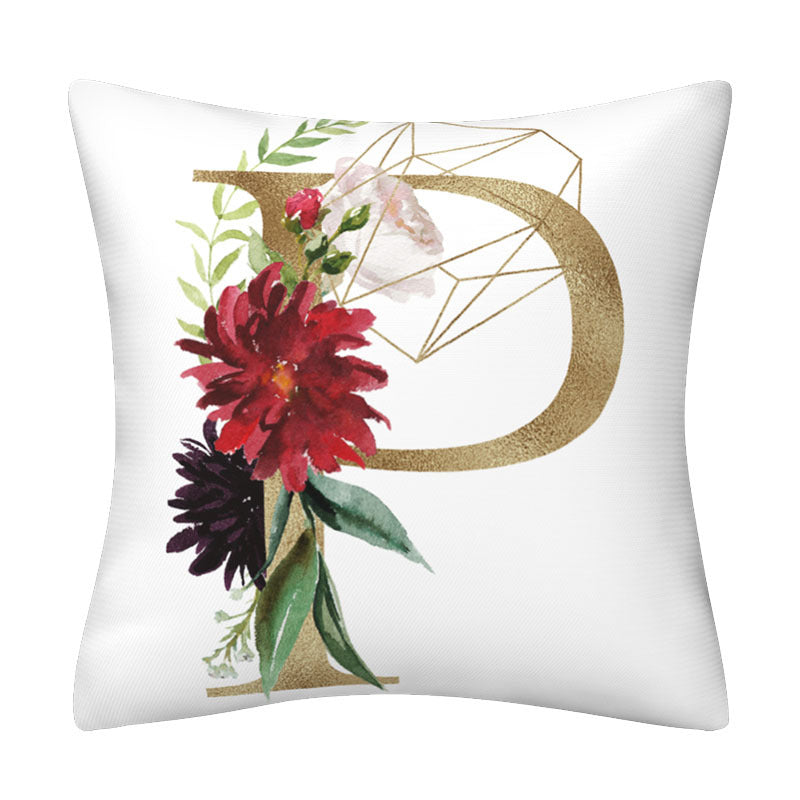 White polyester pillowcase with a large gold English Alphabet letter D, geometric outline and red floral design.