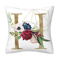 Pillowcase in white polyester featuring a large gold English Alphabet letter, geometric line art and colorful floral print.