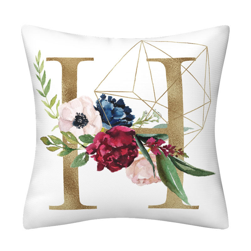 Pillowcase in white polyester featuring a large gold English Alphabet letter, geometric line art and colorful floral print.