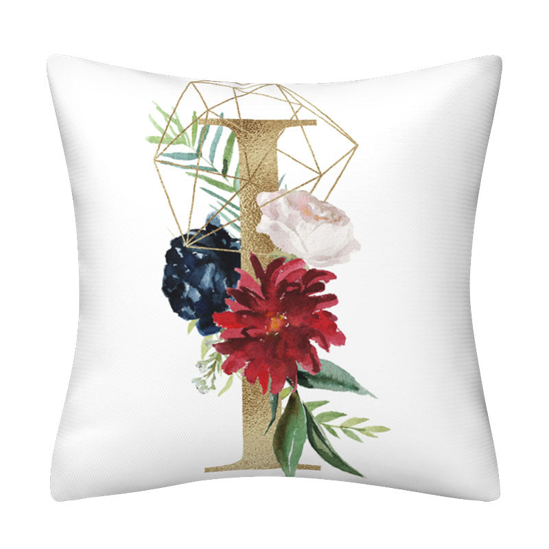 White polyester pillowcase featuring a gold geometric English Alphabet letter I, layered with colorful floral prints.