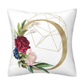Pillowcase in white polyester, with colorful floral accents and gold geometric crescent design; English Alphabet print is not visible.
