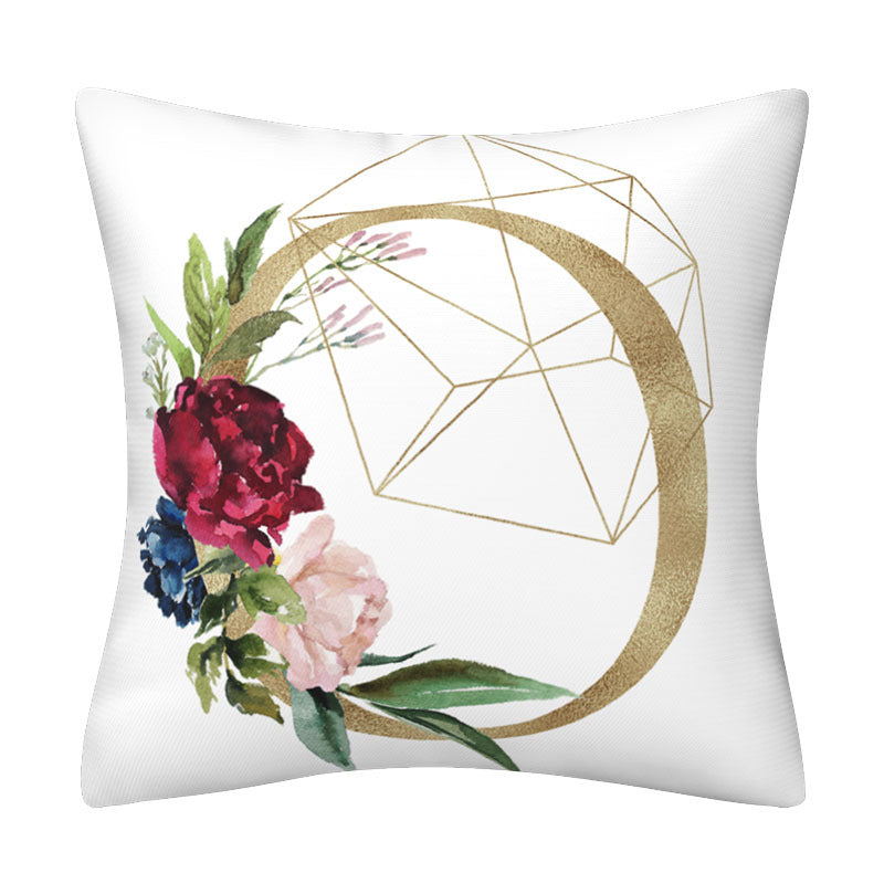 Pillowcase in white polyester, with colorful floral accents and gold geometric crescent design; English Alphabet print is not visible.