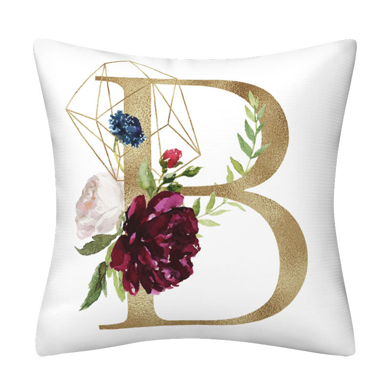 Pillowcase in white polyester with a large gold English Alphabet letter B, watercolor flowers, and fine geometric lines.
