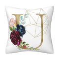Pillowcase in white polyester featuring gold English Alphabet initials, geometric line art and colorful floral accents.