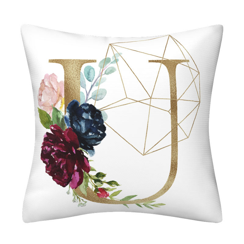 Pillowcase in white polyester featuring gold English Alphabet initials, geometric line art and colorful floral accents.