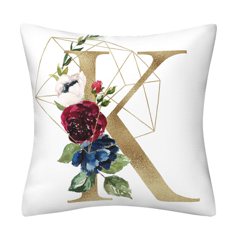 Pillowcase in white polyester, featuring a large gold English Alphabet letter K with floral and geometric details.