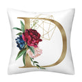Pillowcase in white polyester featuring a large gold English Alphabet letter D, geometric lines, and colorful floral accents.