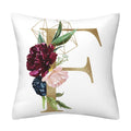Pillowcase in white polyester with a large gold English Alphabet letter, burgundy and blush flowers, green leaves, and geometric linework.