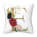 Pillowcase in white polyester with a large gold English Alphabet letter E and colorful floral print, featuring a hidden zipper.