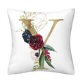 Pillowcase in white polyester with gold geometric English Alphabet lettering, accented by colorful flowers, berries and green leaves.