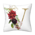 Pillowcase in white polyester with a gold English Alphabet letter V, red floral print, green leaves, and geometric accents.