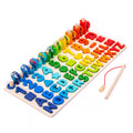 Activity Books wooden learning board with colorful raised letters, numbers, shapes, rainbow fish pieces and a fishing rod