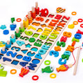 Activity Books wooden magnetic alphabet and number board with bright multicolored pieces, shape cutouts, and fishing rod
