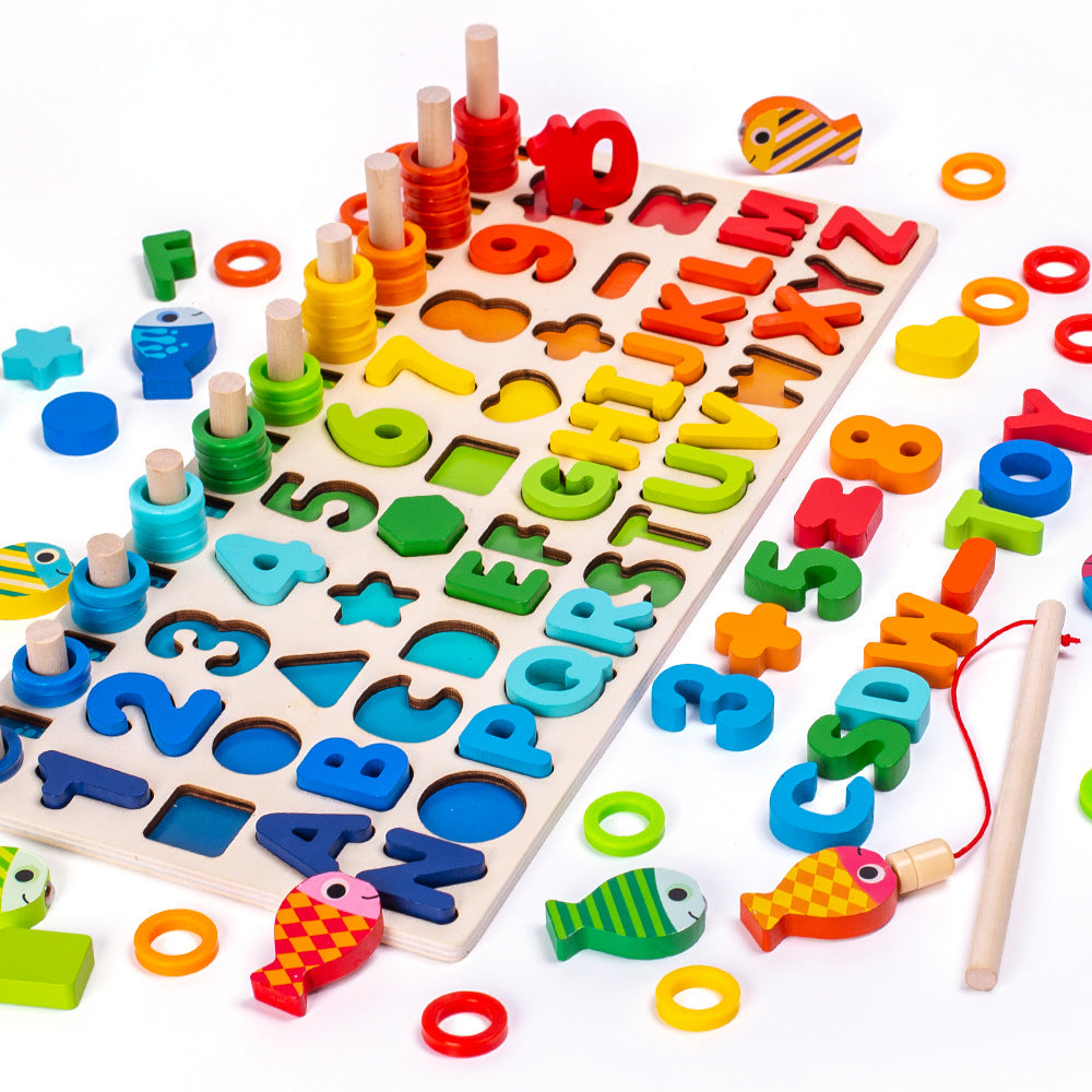 Activity Books wooden magnetic alphabet and number board with bright multicolored pieces, shape cutouts, and fishing rod