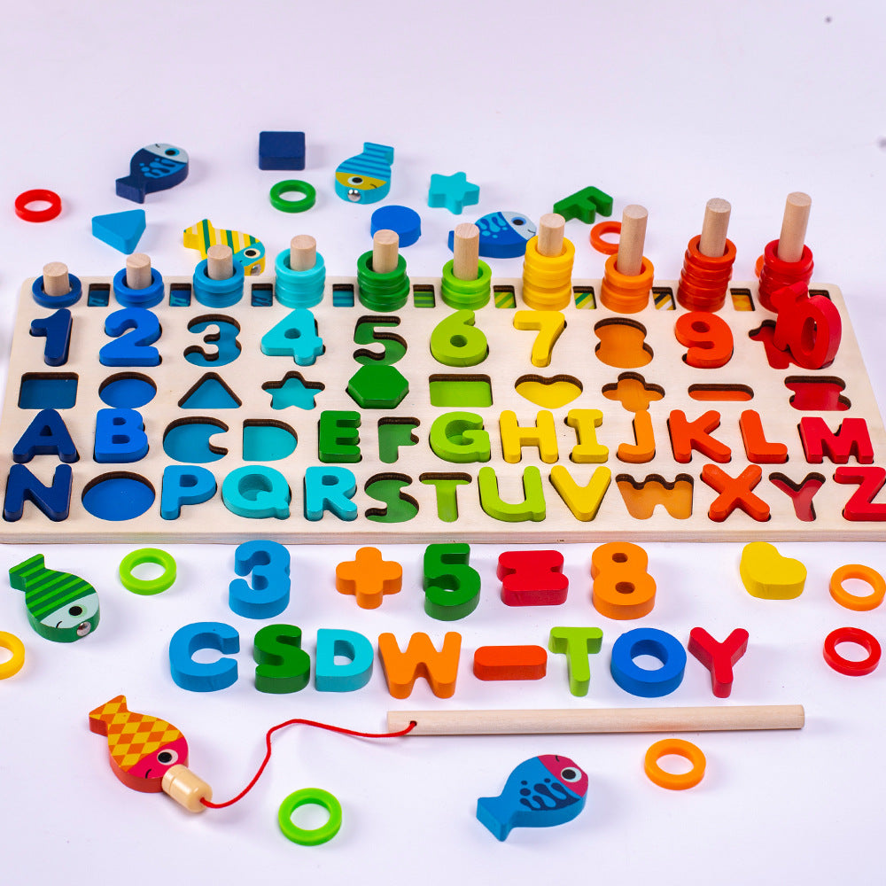 Activity Books wooden magnetic alphabet, number and shape matching board with bright multicolored pieces and fishing rod