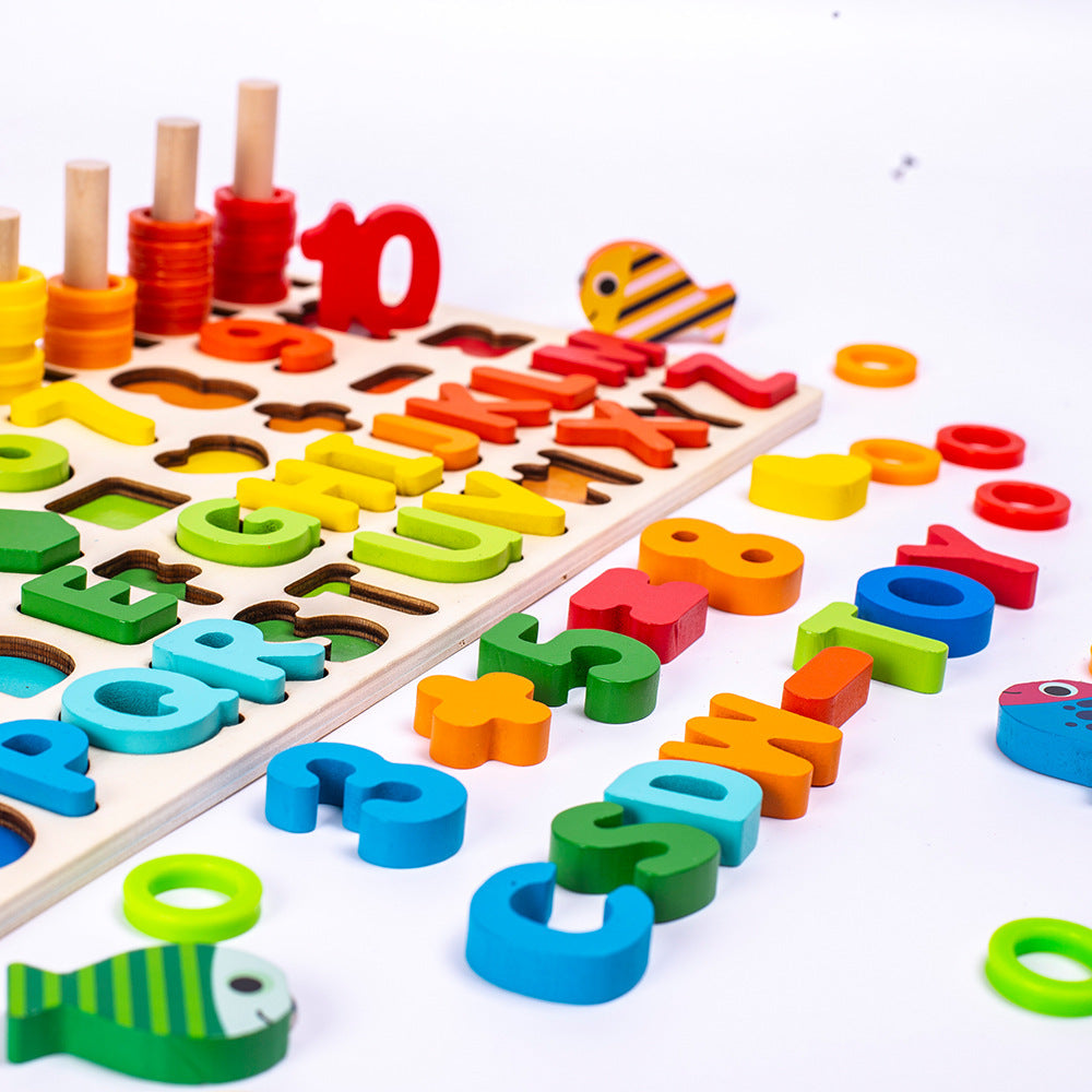 Activity Books featuring a multicolour wooden alphabet and number puzzle with chunky raised letters, digits, and shapes