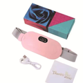 Adjustable Heating Belt in pale pink with a smooth oval heating pad, black control panel, gray straps and USB cable