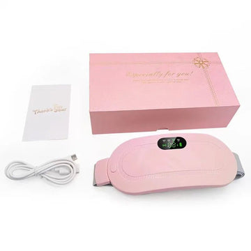Adjustable Heating Belt in pink fabric with stitched oval panel, digital controls, adjustable strap, USB cable and gift box