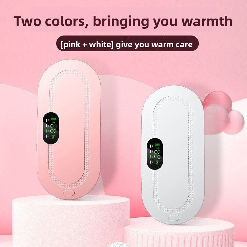 Adjustable Heating Belt with rounded pink and white pads, stitched oval borders, black digital controls and button clasps