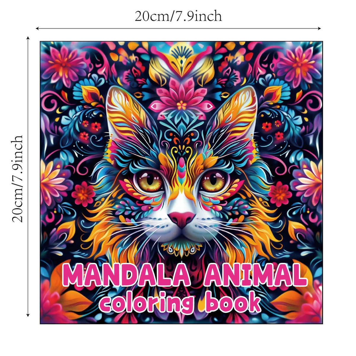 Coloring Books for Adults features a square paper cover with a vividly colored cat surrounded by ornate floral mandala patterns.