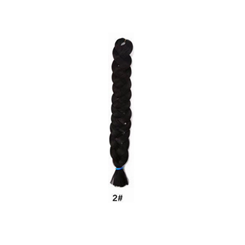 African Box Braids in black synthetic fiber, formed into a long, thick braid with a loose tied end.
