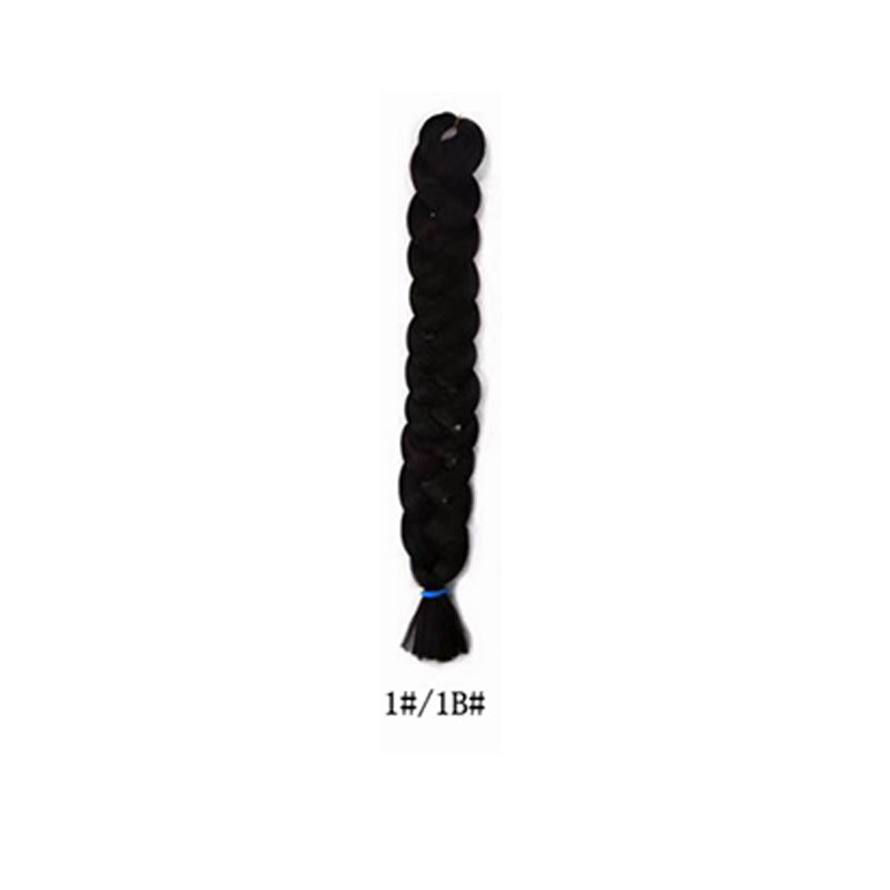 African Box Braids in black synthetic fiber, formed into a thick, tightly woven braid with a tied tassel end