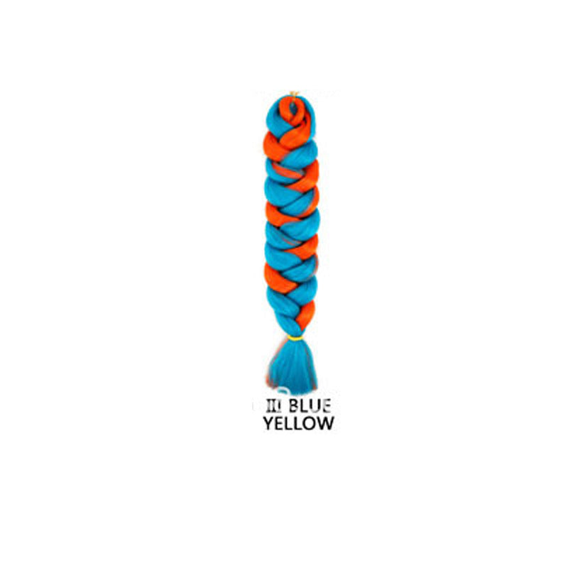 African Box Braids synthetic hair extension in bright blue and orange, woven into a thick braid with a loose tassel end.