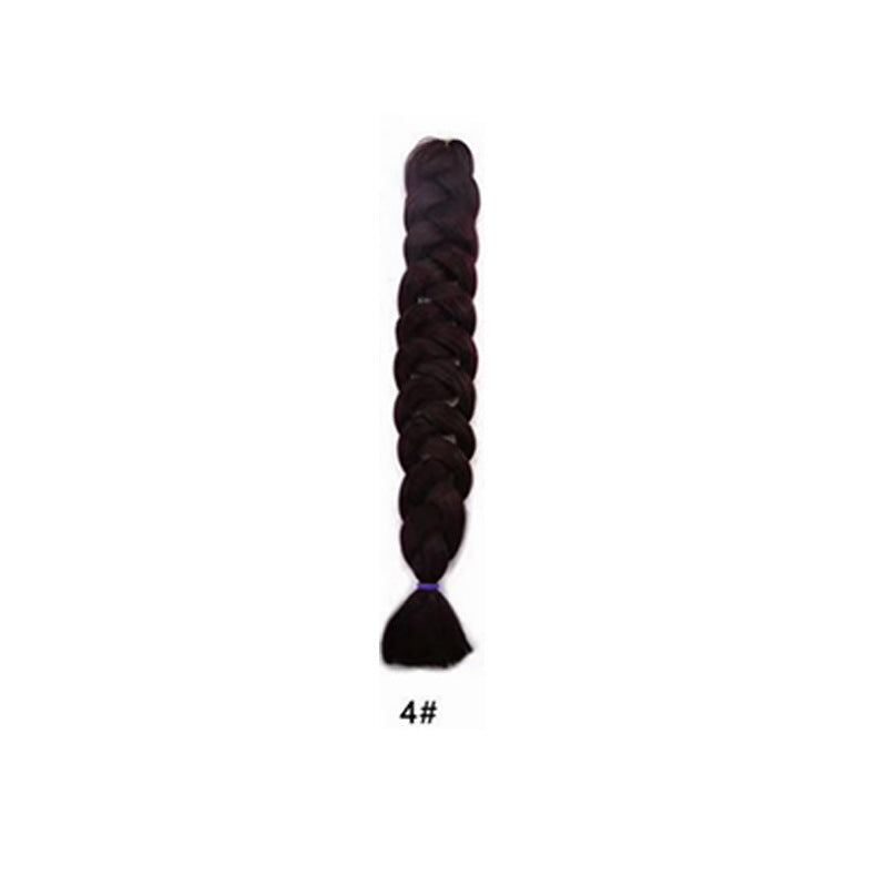 African Box Braids synthetic hair extension in dark brown, formed into a thick, long braid with a tied end