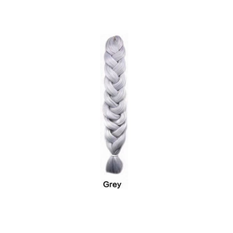 African Box Braids synthetic hair extension in silver grey, styled as a thick, tightly woven braid with a tied end