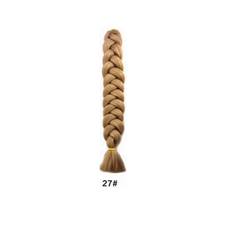 African Box Braids synthetic hair extension in warm honey blonde, formed into one thick, neatly woven braid with a loose tied end.