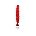 African Box Braids synthetic hair extension in vivid red, formed into a thick, long braid with a tied end.
