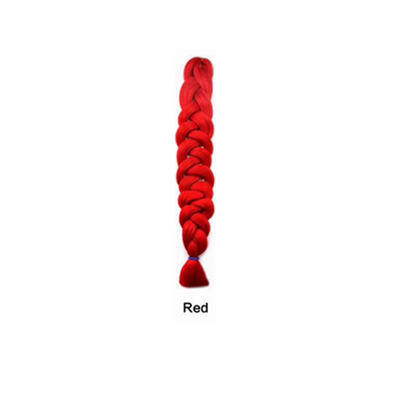 African Box Braids synthetic hair extension in vivid red, formed into a thick, long braid with a tied end.