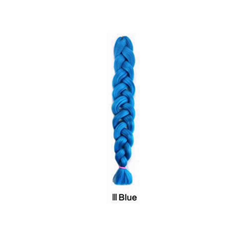 African Box Braids in vivid blue synthetic fiber, formed as a thick, tightly woven braid with a tied end.
