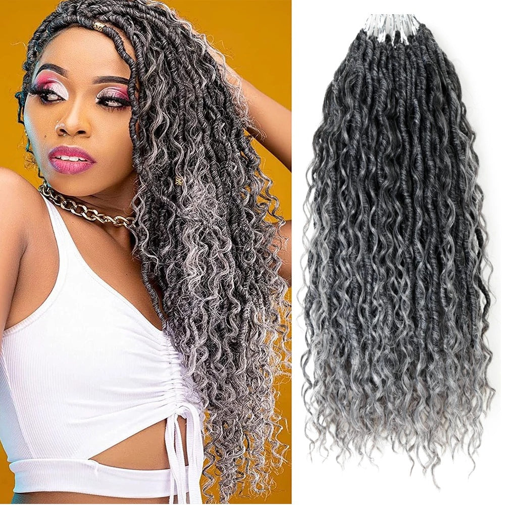African Braids wig with long black and silver-gray synthetic curls, featuring textured braided roots and loose waves