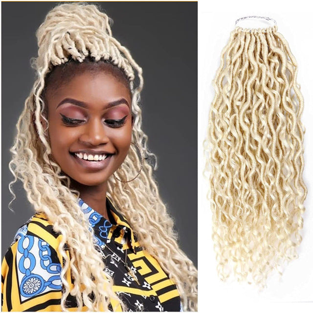 African Braids wig in platinum blonde synthetic fiber, featuring long textured locs with loose, wavy curls
