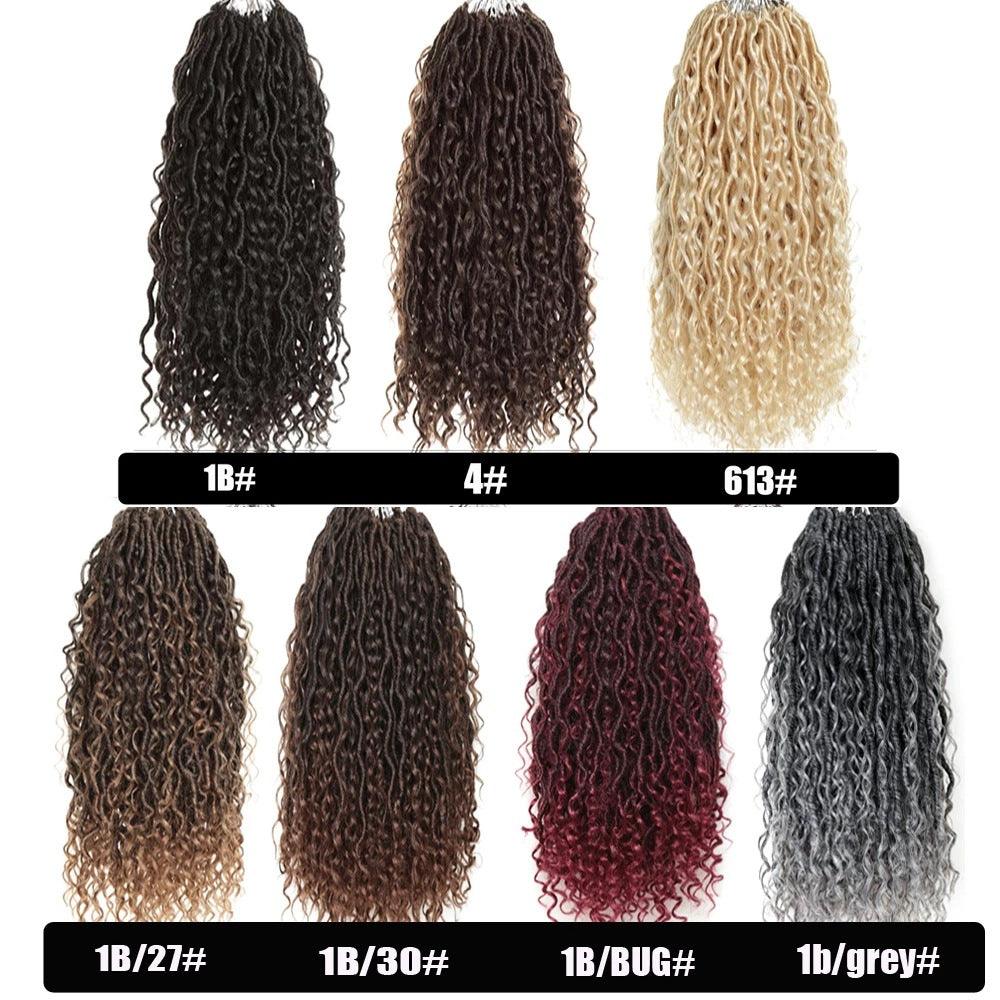 African Braids hair extensions in synthetic curly faux locs, shown in black, brown, blonde, burgundy and grey shades